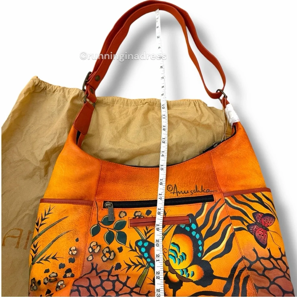 Anuschka Hand-Painted Leather Convertible Hobo Animal Butterfly Print Tangerine